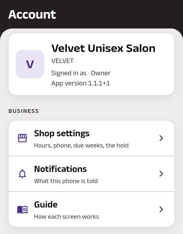 The owner's Account: the shop's card with who is signed in and the app version, then Business: Shop settings, Notifications and Guide.