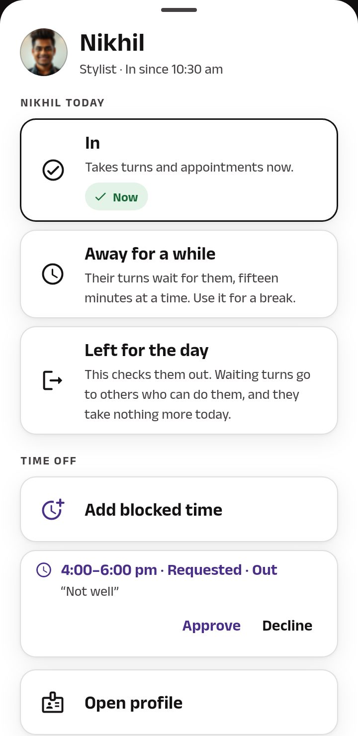 A stylist's picture tapped on the owner's Calendar: their day (In, Away for a while, Left for the day), then Time off with Add blocked time and a request with Approve and Decline.