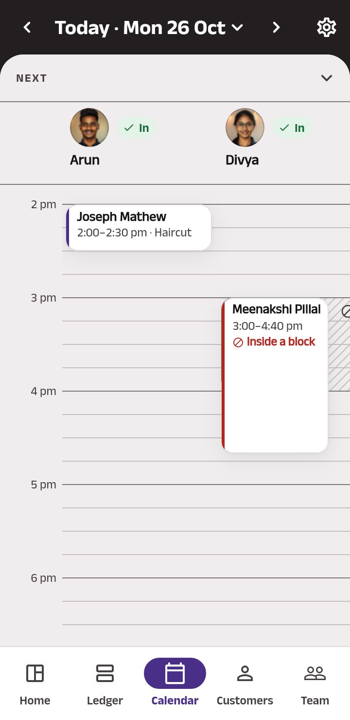 The owner's Calendar in the afternoon: the date with its arrows, Next folded under the bar, Arun and Divya, both In, an appointment card at 2 pm, another from 3:00 to 4:40 pm marked Inside a block beside the hatched block, and the tabs at the foot.