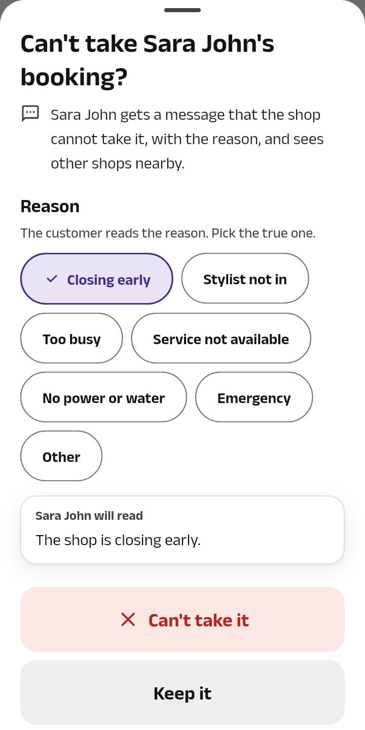 Can't take it on a request: the customer gets a message that the shop cannot take it, with the reason, and sees other shops nearby; the reasons with Closing early picked, the line the customer will read, then Can't take it and Keep it.