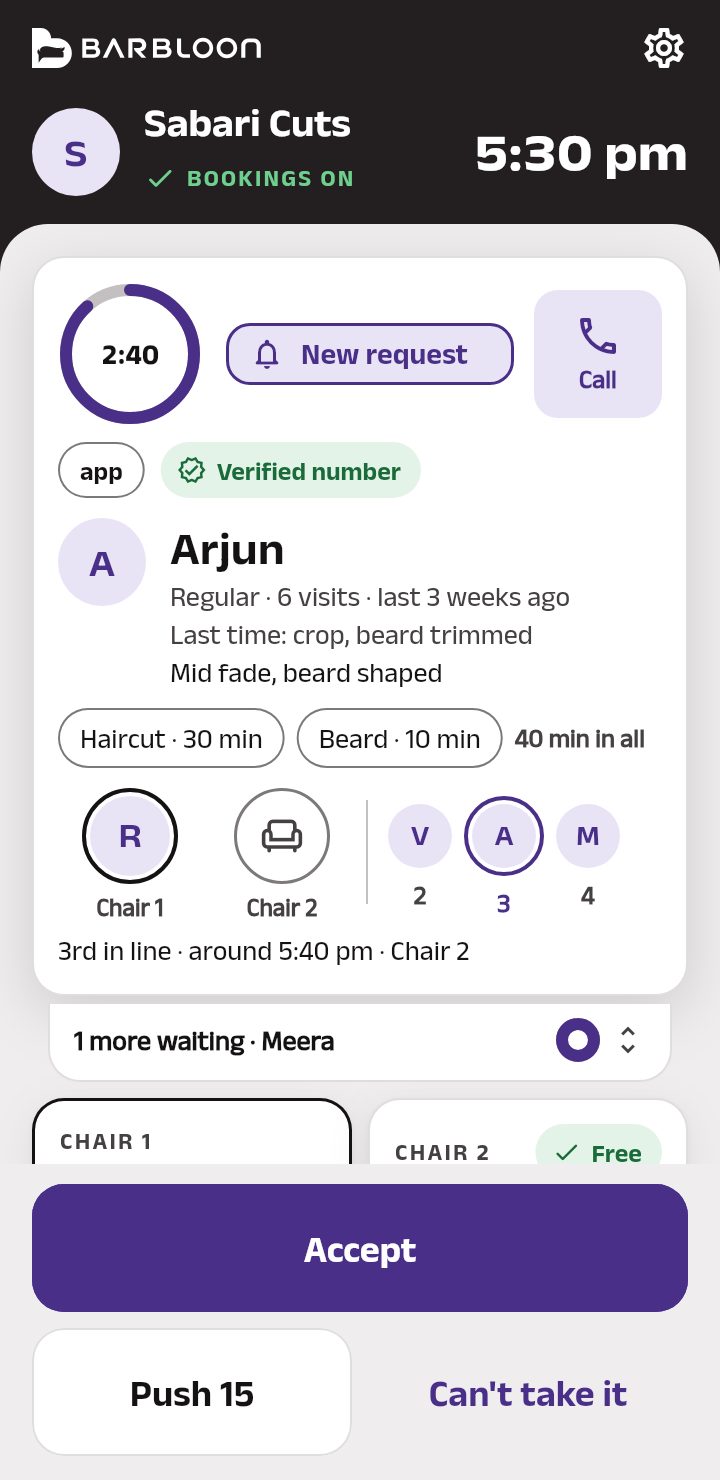 A turn request ringing at the top of the Ledger: the timer, New request and Call, who is asking and the services, then Accept, Push 15 and Can't take it.