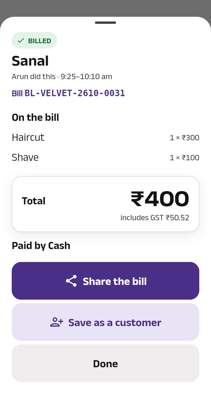 A walk-in's bill once made: the bill number, the lines and the total with its GST, Paid by Cash, then Share the bill, Save as a customer and Done.