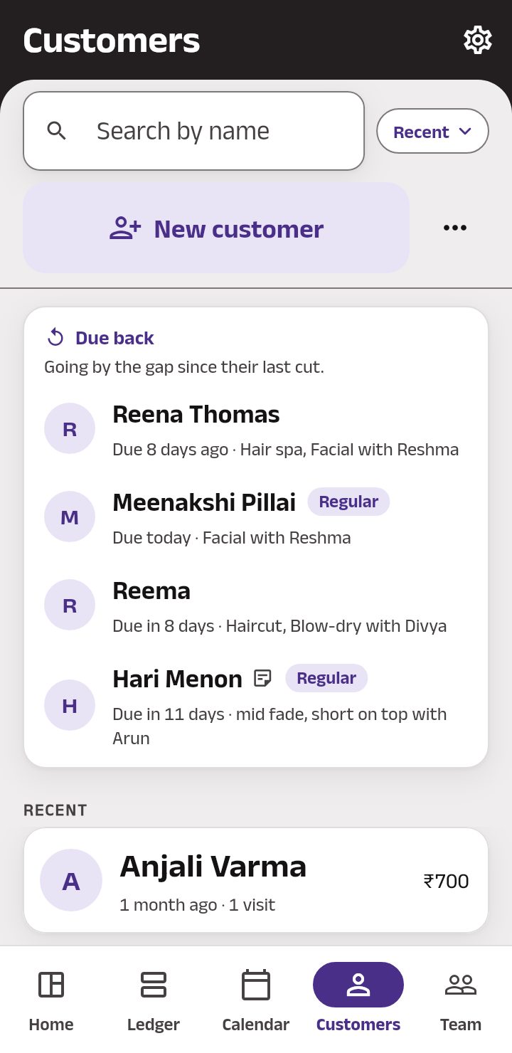 The Customers tab: Search by name with the order beside it, New customer and the ⋯ menu, Due back with the people due about now, and Recent below.