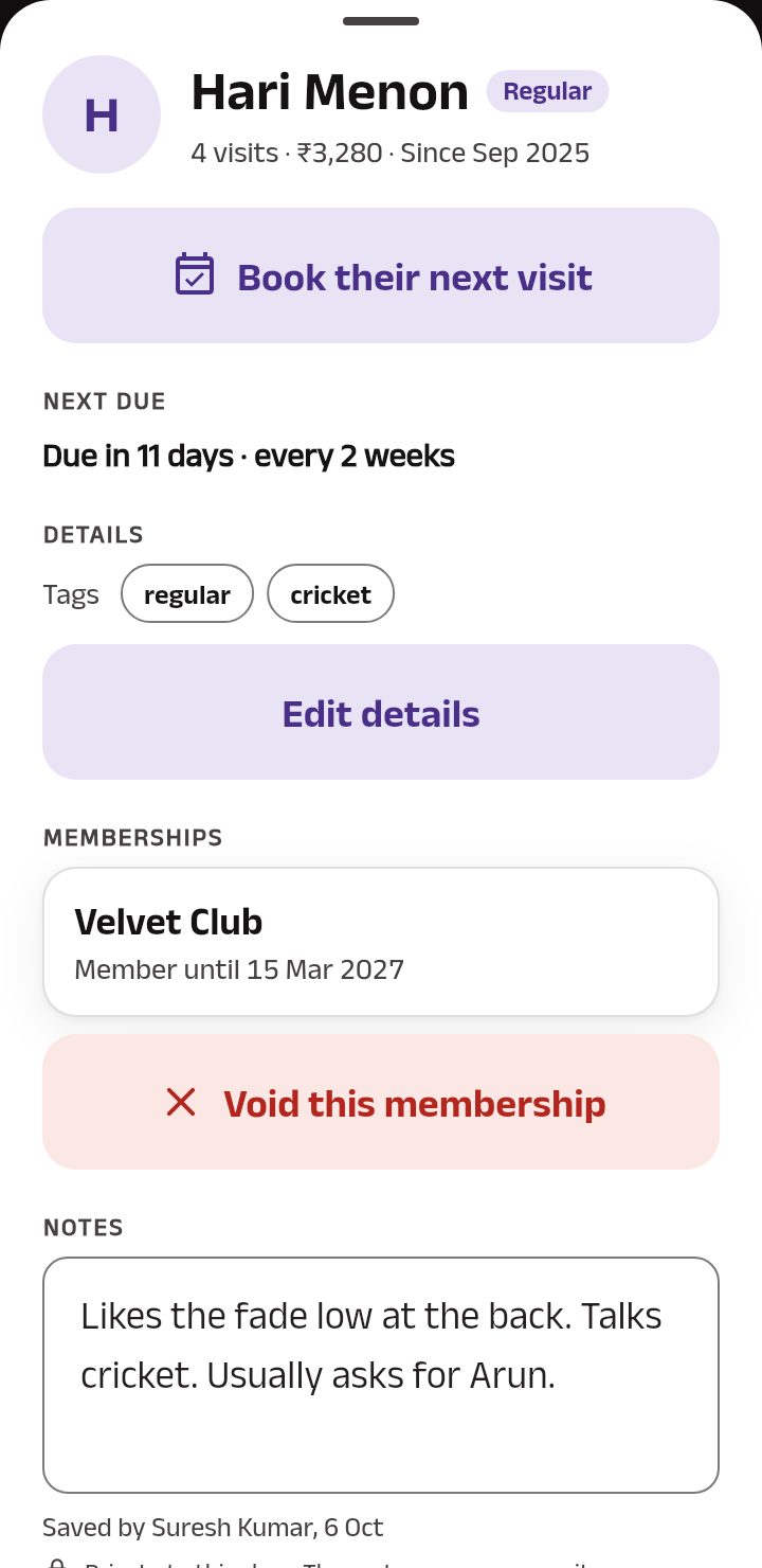 A customer's sheet: visits, spend and since when, Book their next visit, when they are next due, tags with Edit details, their membership, and the shop's own notes.