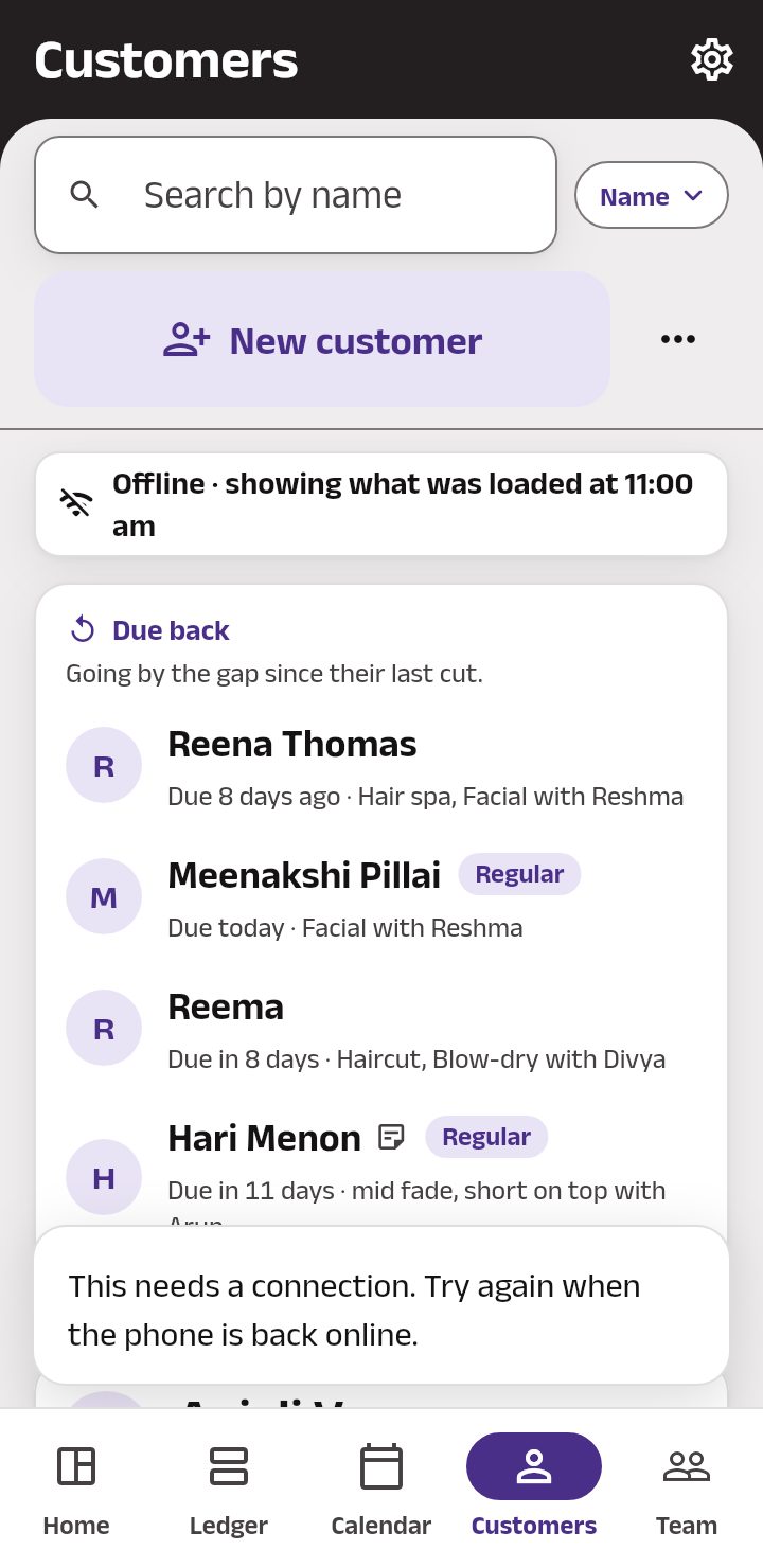 Customers with the network gone: the list as last loaded, its time on the band, and the line a change gets: This needs a connection. Try again when the phone is back online.