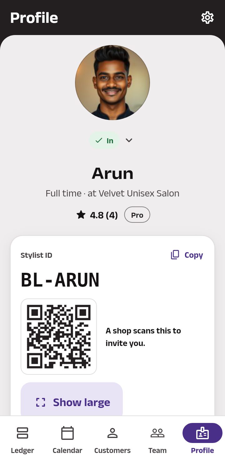A stylist's Profile: the picture and In, the shop and the rating, then the Stylist ID with Copy, and its QR code.