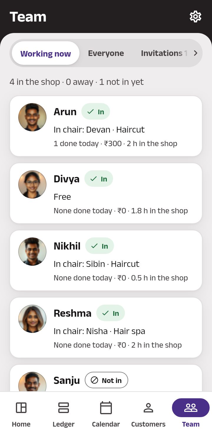The owner's Team on Working now: how many are in the shop, away or not in yet, then each stylist with In, who is in their chair or Free, and their day so far.