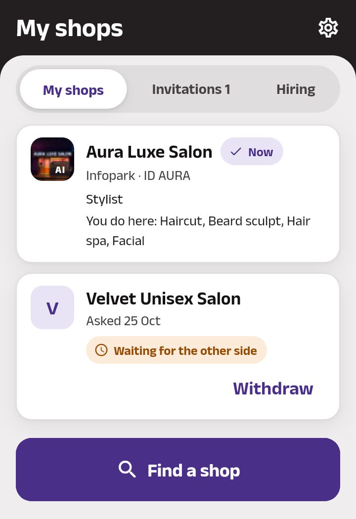 A stylist's Team on My shops: the shop they work at now and what they do there, an ask to join another shop still waiting, with Withdraw, and Find a shop.