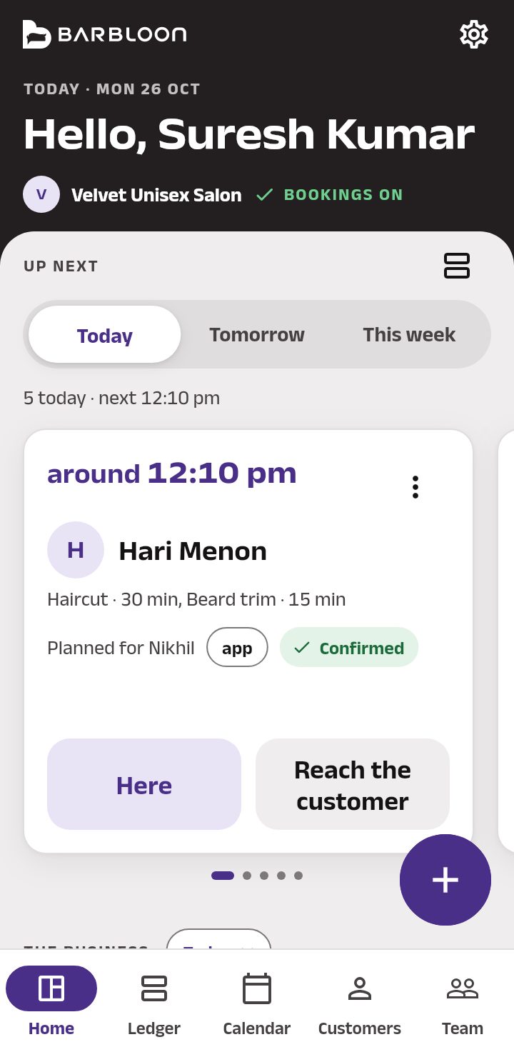 The owner's Home: a greeting with Bookings on, Up next with the next booking's card, the + button, and the tabs at the foot.