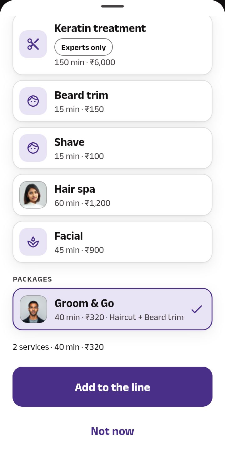 The foot of the walk-in sheet: a package ticked under Packages, the count of services, the time and the price, then Add to the line and Not now.