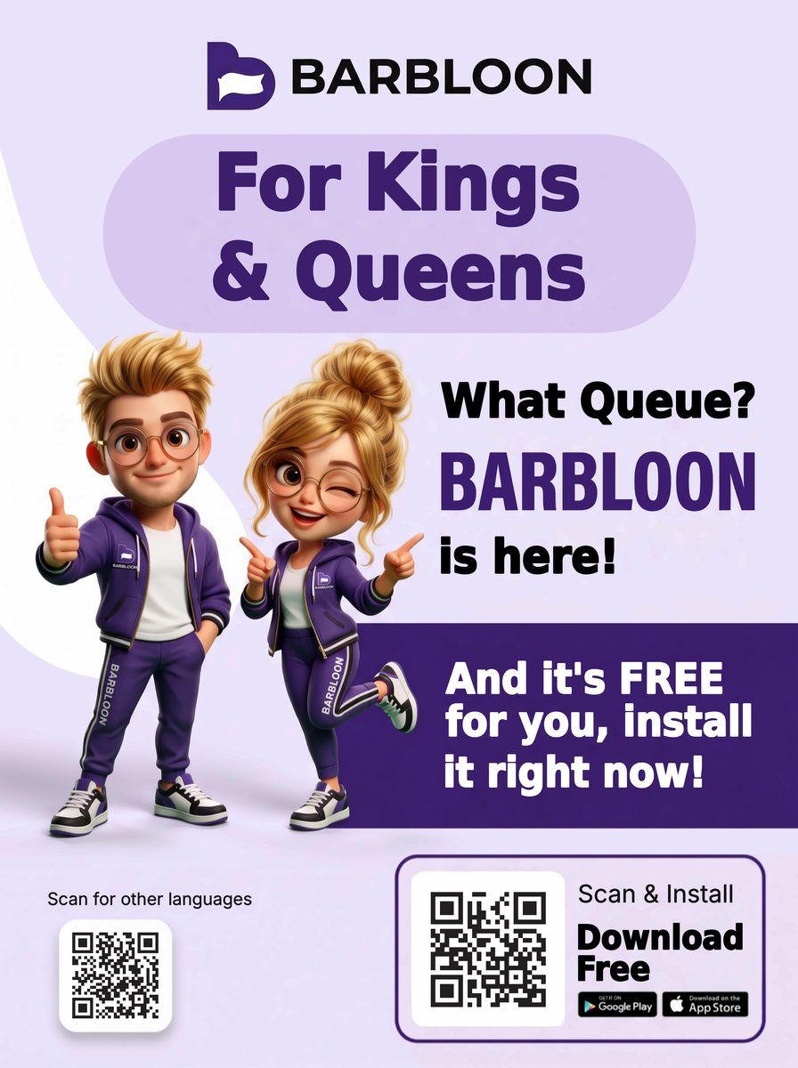 Barbloon. For Kings and Queens. What queue? Barbloon is here. And it's free for you, install it right now. Scan for other languages. Scan and install: download free on Google Play and the App Store.